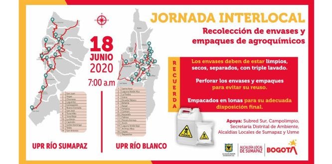 Pieza de invitación a la jornada interlocal de Recolección de envases agroquímicos con mapas. Jornada Interlocal de Recolección de envases y empaques de agroquímicos